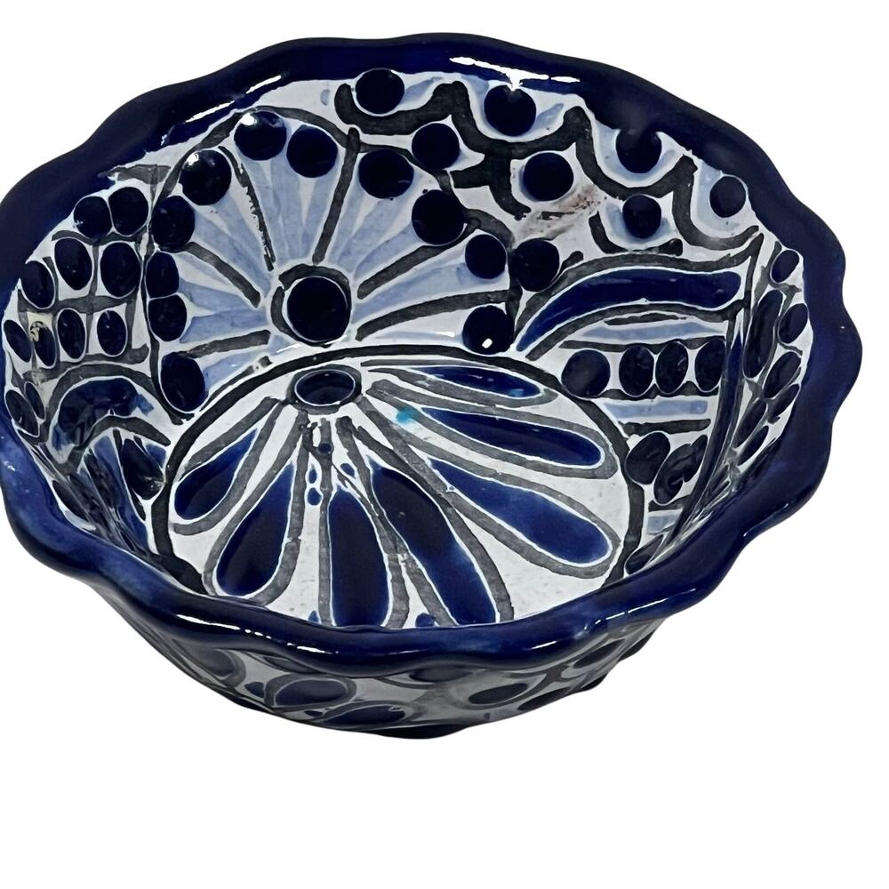 Made in Mexico Talavera Hand-painted Terra Cotta Bowl Blue White Floral Leaves